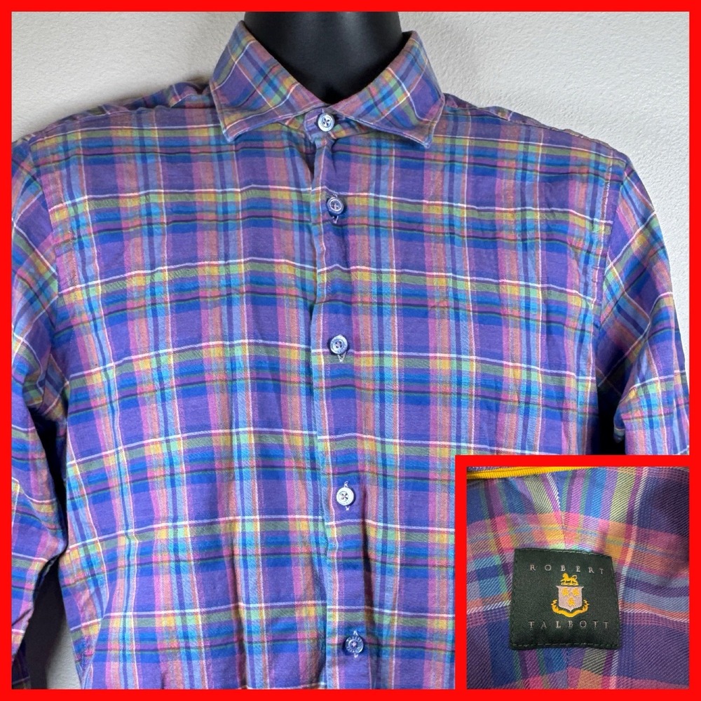 Robert Talbott Mens Plaid Button Down Size M Purp… - image 1